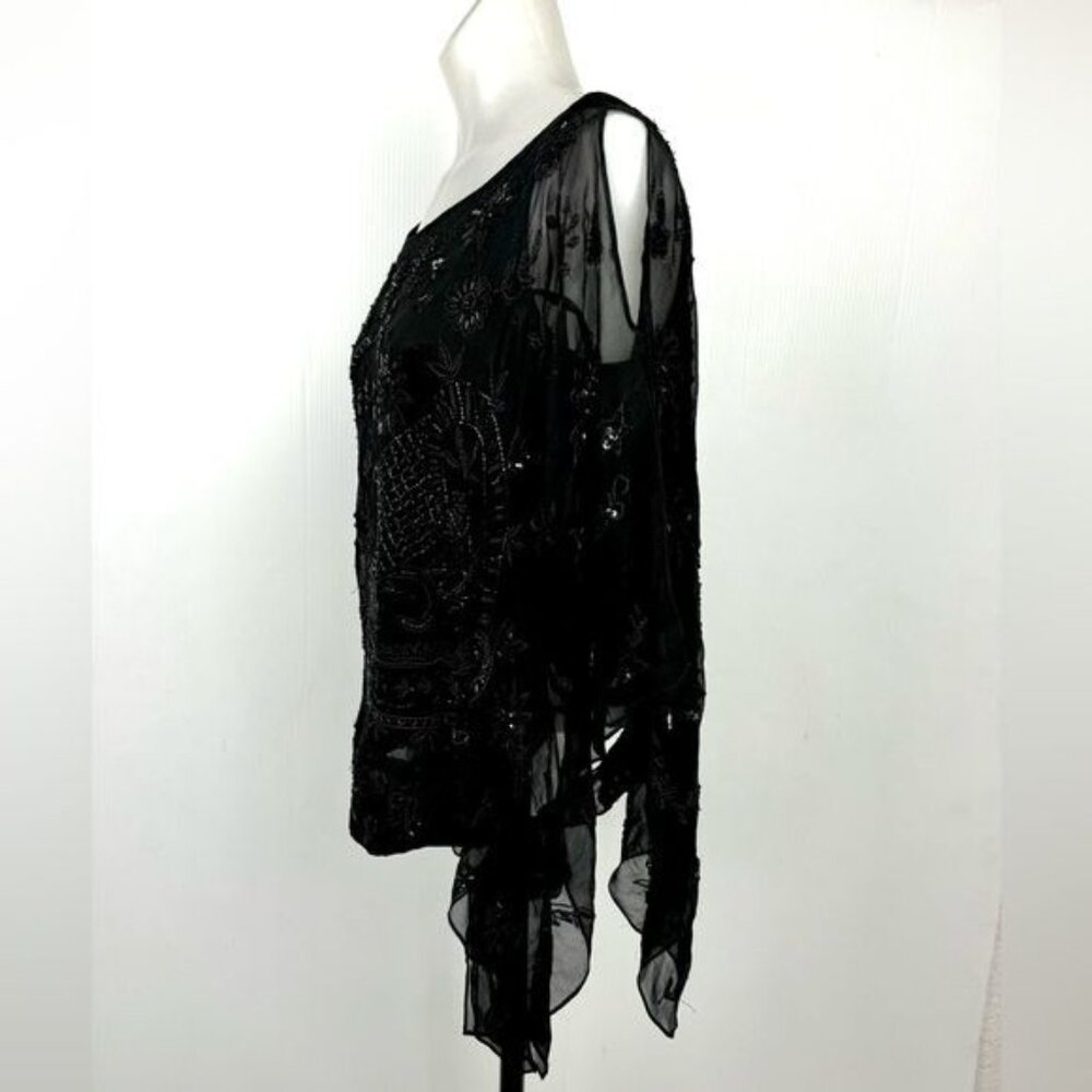 Pure silk sequined and beaded blouse Tie-side Embellished Sheer Black Blouse S - Picture 12 of 13